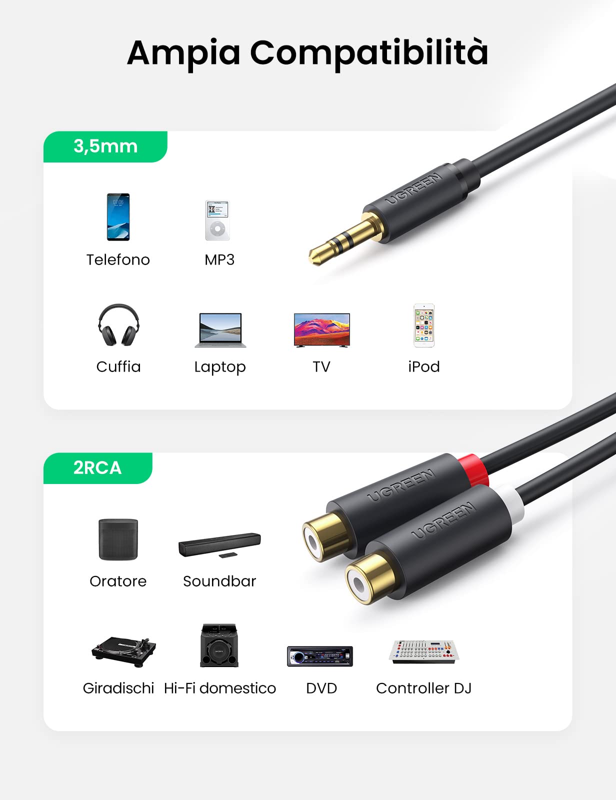 ugreen-adattatore-audio-2-rca-femmina-a-jack-3-5mm-maschio-20cm image 2