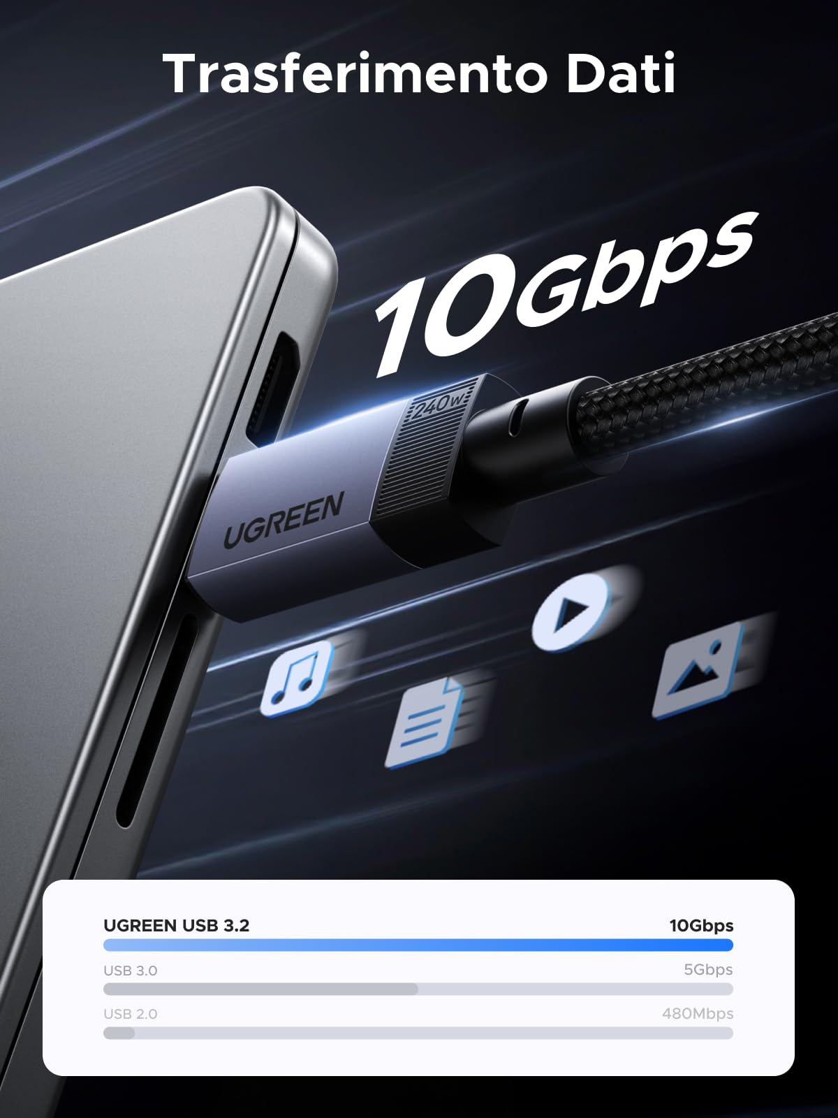 ugreen-cavo-usb-c-video-4k-60hz-10gbps-240w-pd-3-1-type-c-1m-nylon image 2