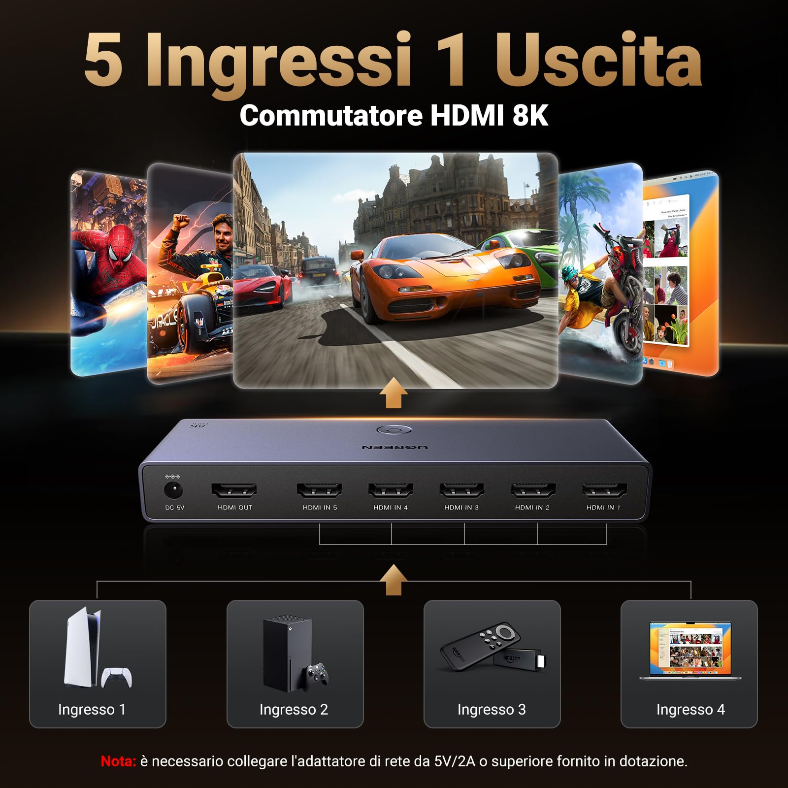 ugreen-switch-hdmi-2-1-5-ingressi-1-uscita-8k-60hz-4k-240hz-con-telecomando image 2